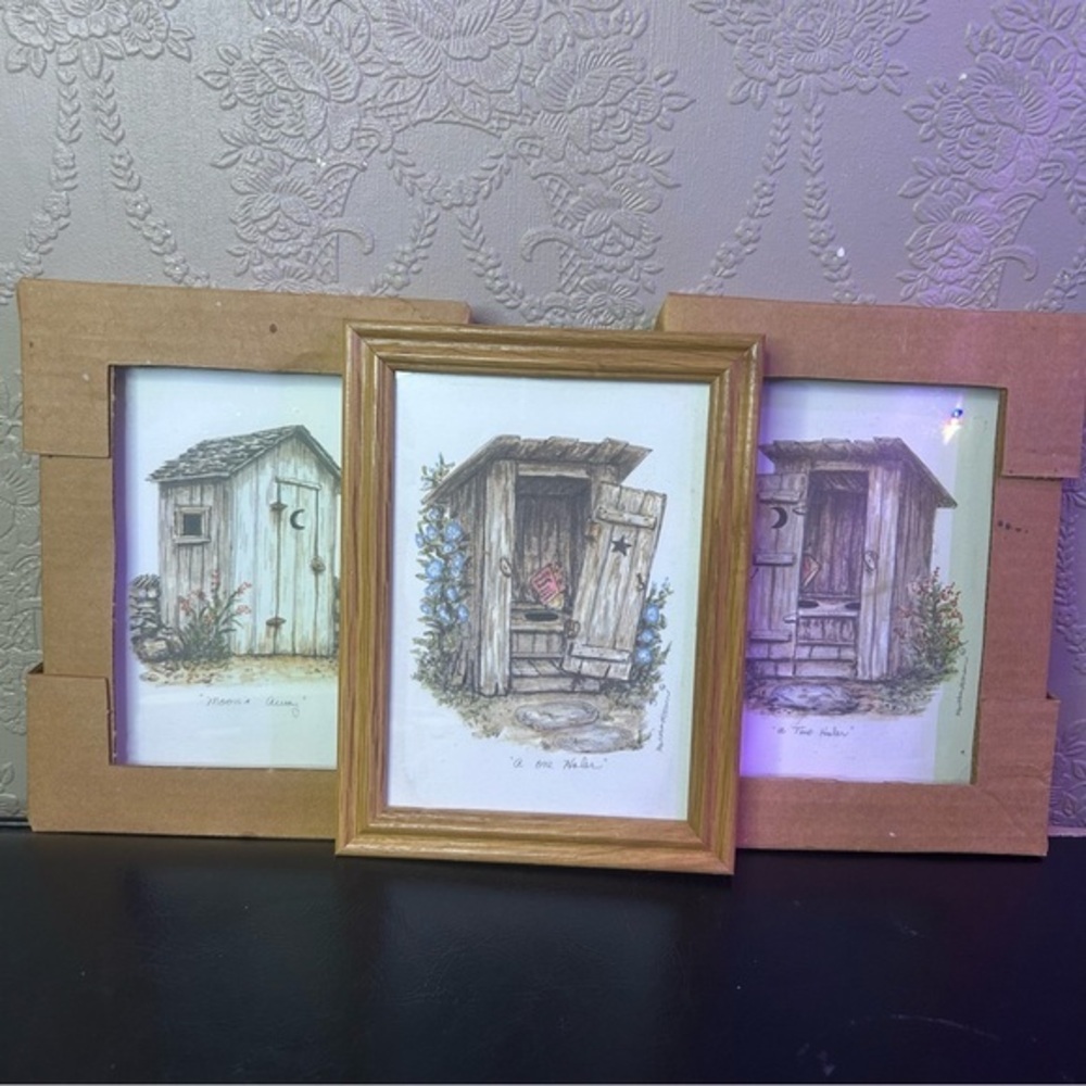 Rustic Brown Framed Outhouse Art Set New NIB